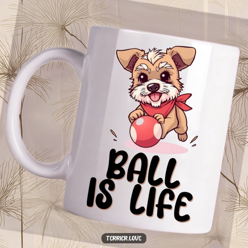 Funny terrier mug depicting a small dog wearing a bandana, enthusiastically chasing a bouncy ball, capturing a moment of pure fun.