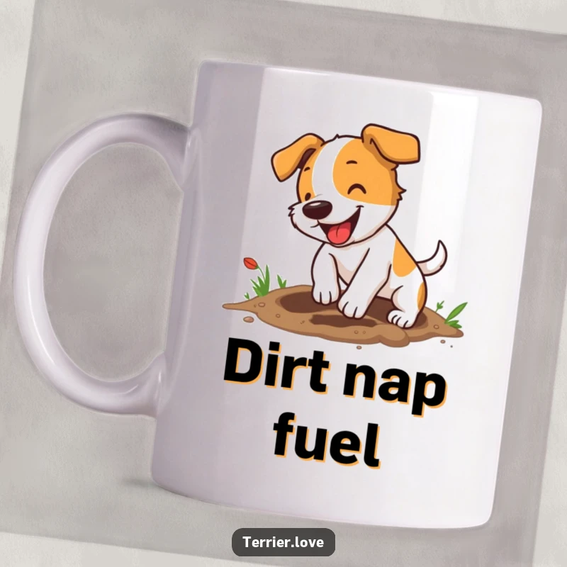 Funny terrier mug depicting an energetic small dog enthusiastically digging a hole, capturing a moment of pure canine joy.