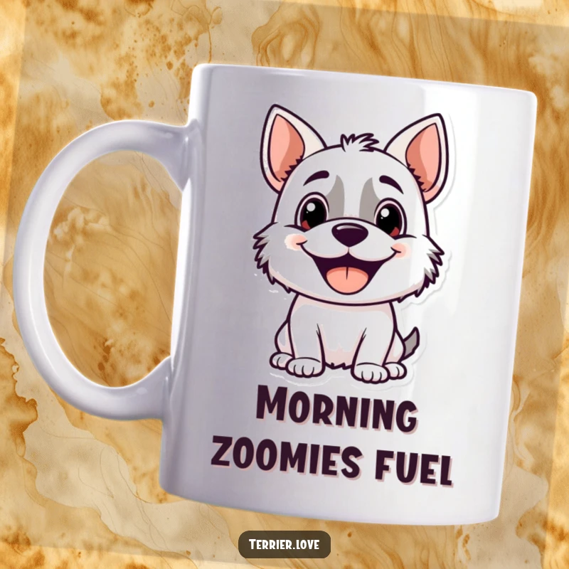 Funny terrier mug featuring a happy, panting dog character with an eager expression, begging for attention and playtime with loved ones.