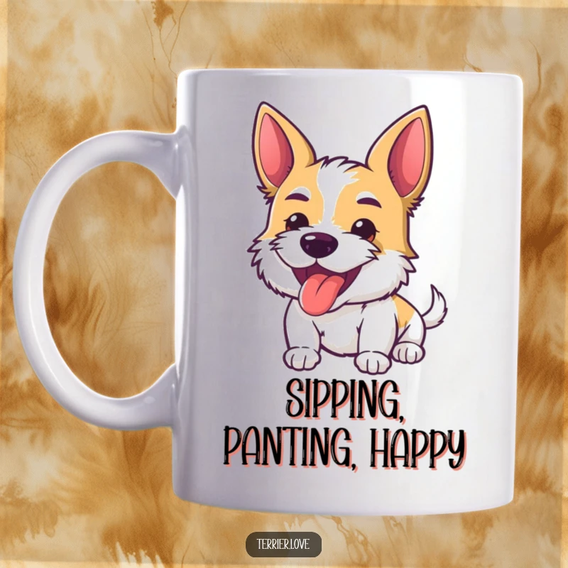 Funny Mug featuring an energetic terrier with its tongue playfully sticking out, radiating pure happiness and a zest for life.