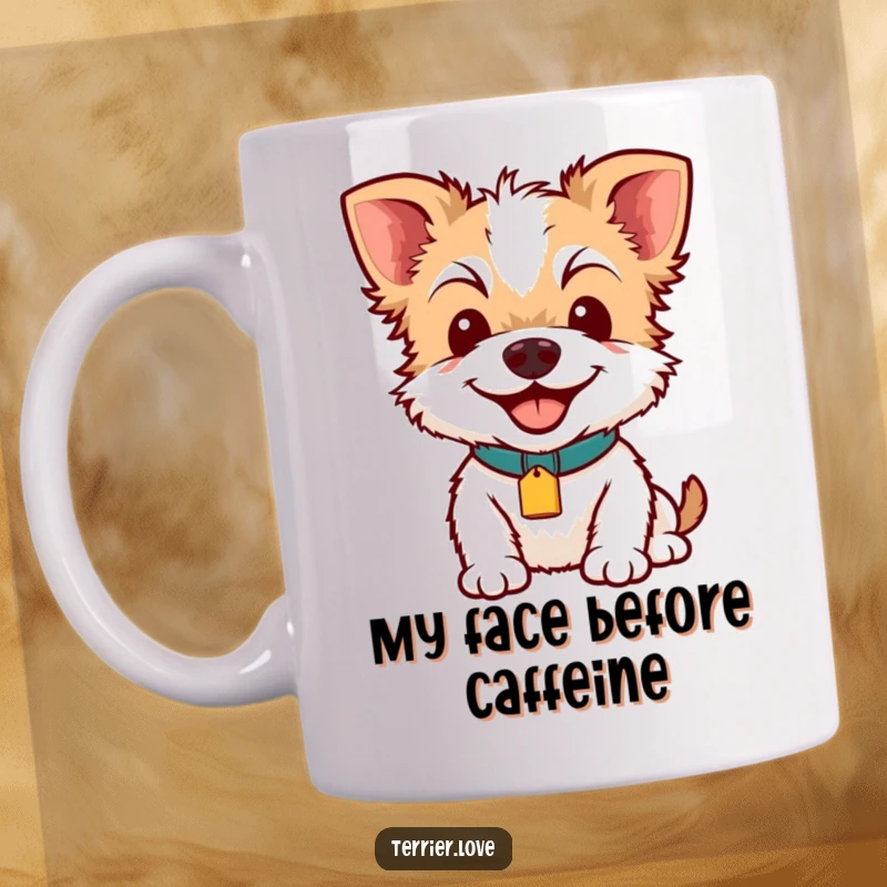 Funny Terrier Smile Mug: A happy terrier with a bright collar tag beams with joy, capturing a moment of pure canine delight.