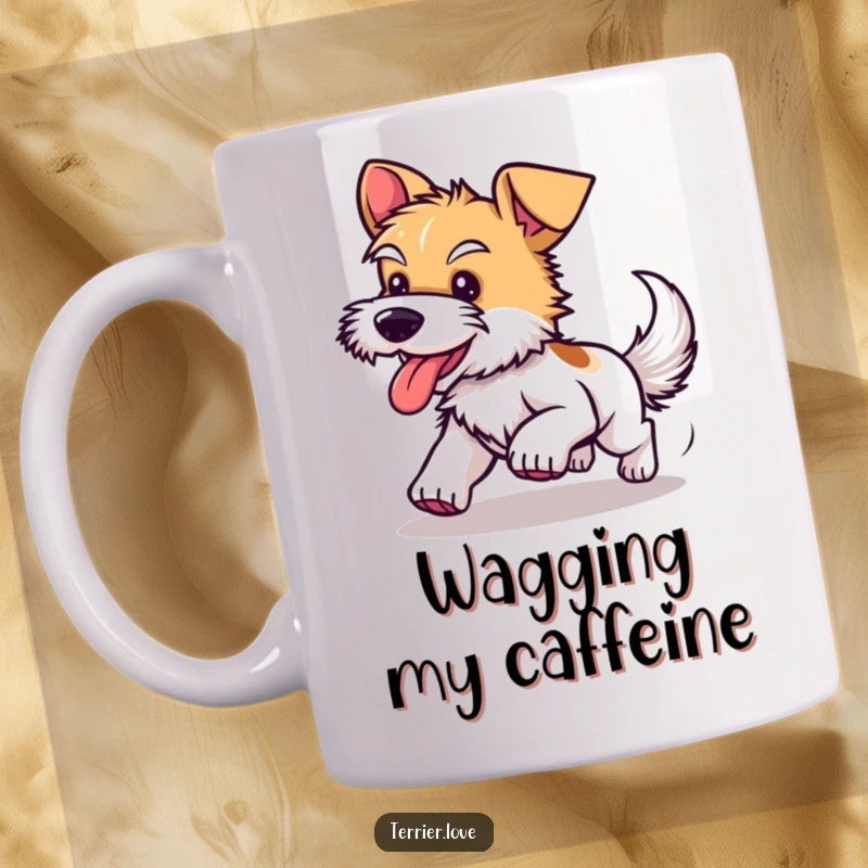 Funny mug featuring a happy, panting terrier dog spinning in circles while chasing its own tail with pure canine glee.
