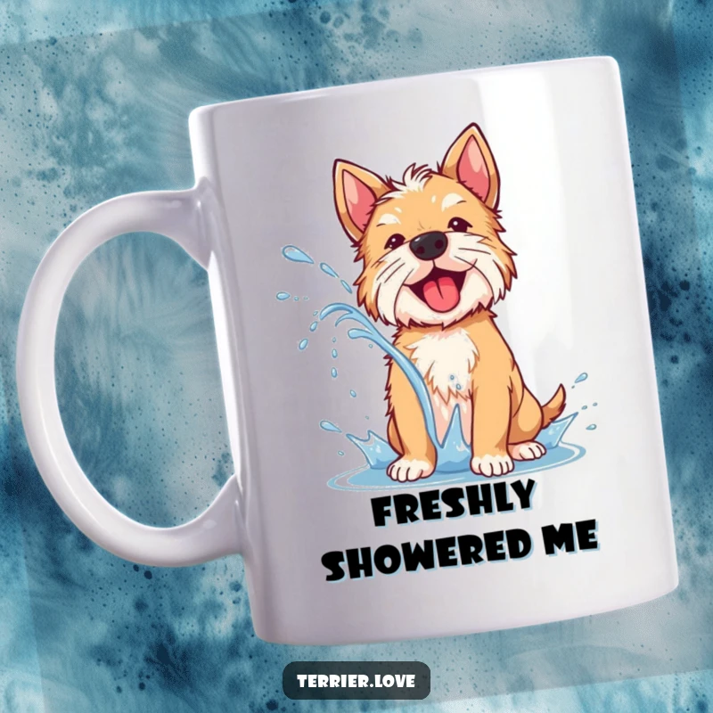 Funny terrier mug showing a happy dog vigorously shaking off water, creating a joyful spray, full of energetic fun.
