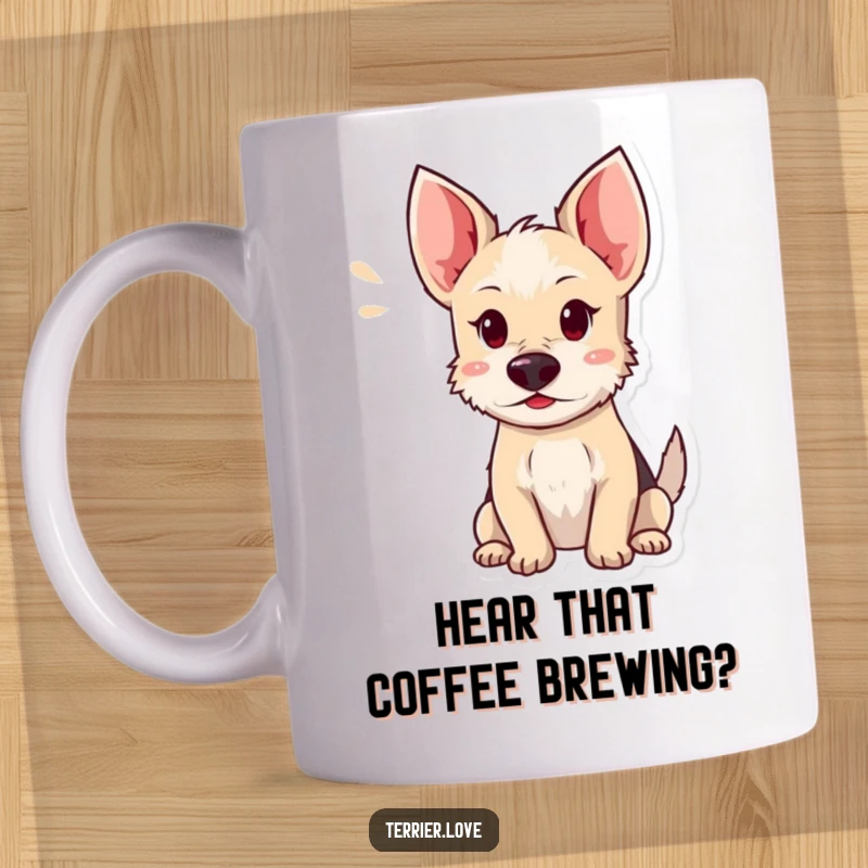 Funny terrier mug featuring a dog with ears perked high, intently listening to a faint, distant sound, showing focused curiosity.