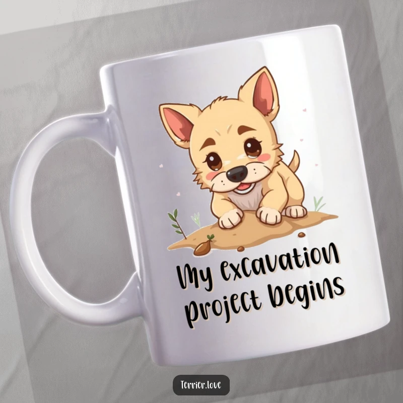 Funny mug featuring a determined terrier dog playfully digging its paws into soft earth, capturing a moment of pure canine focus.