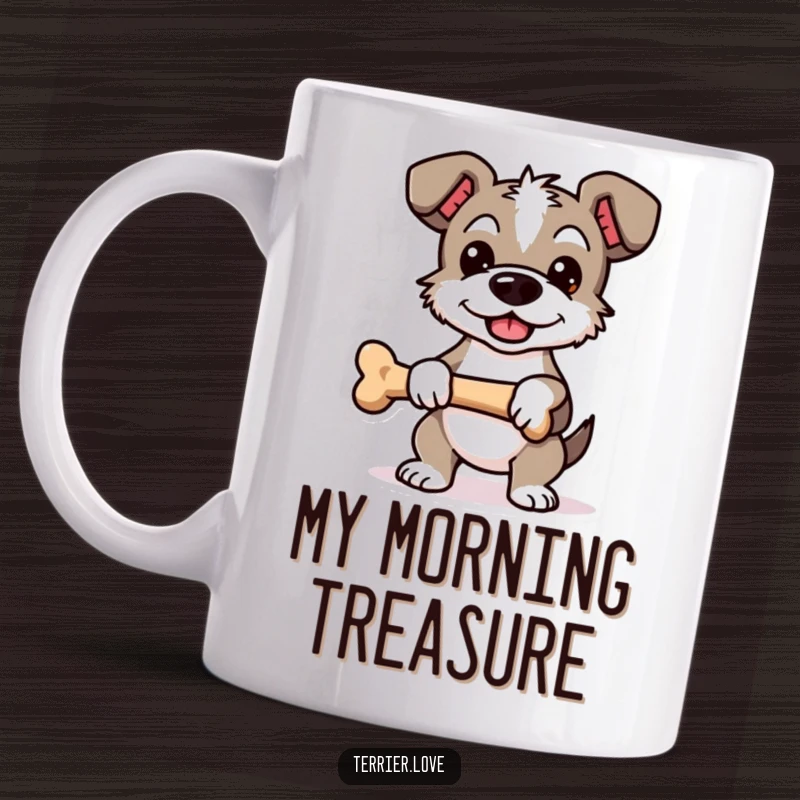 Funny Proud Terrier Mug: Dog standing proudly, holding a bone, conveying a sense of accomplishment and satisfaction.