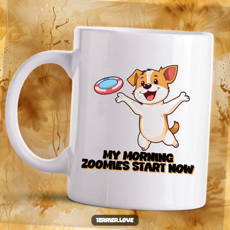 Funny mug showing an energetic terrier leaping high to catch a flying disc with intense focus and joy.