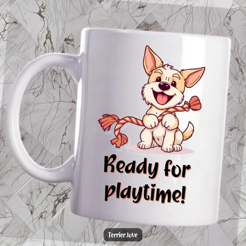 Funny cheerful terrier mug with a wagging tail and holding a rope toy, radiating pure joy and playful energy.