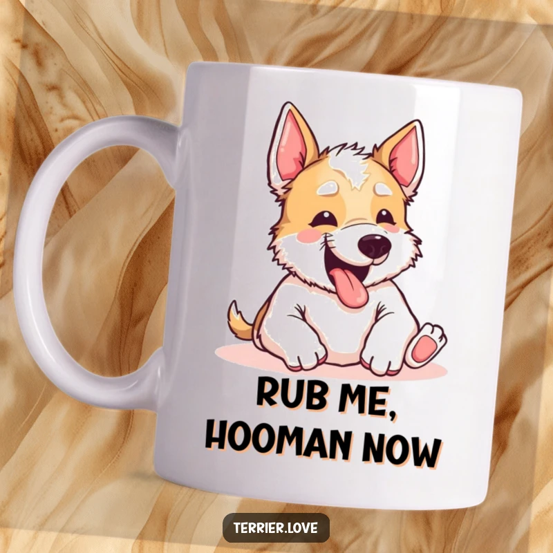 Funny Terrier Mug: An excited terrier yipping enthusiastically, paws up, begging for a much-needed belly rub. Pure canine joy captured.