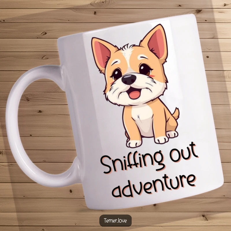 Funny Mug with an eager terrier sniffing the air with its nose up, a humorous depiction of canine curiosity.