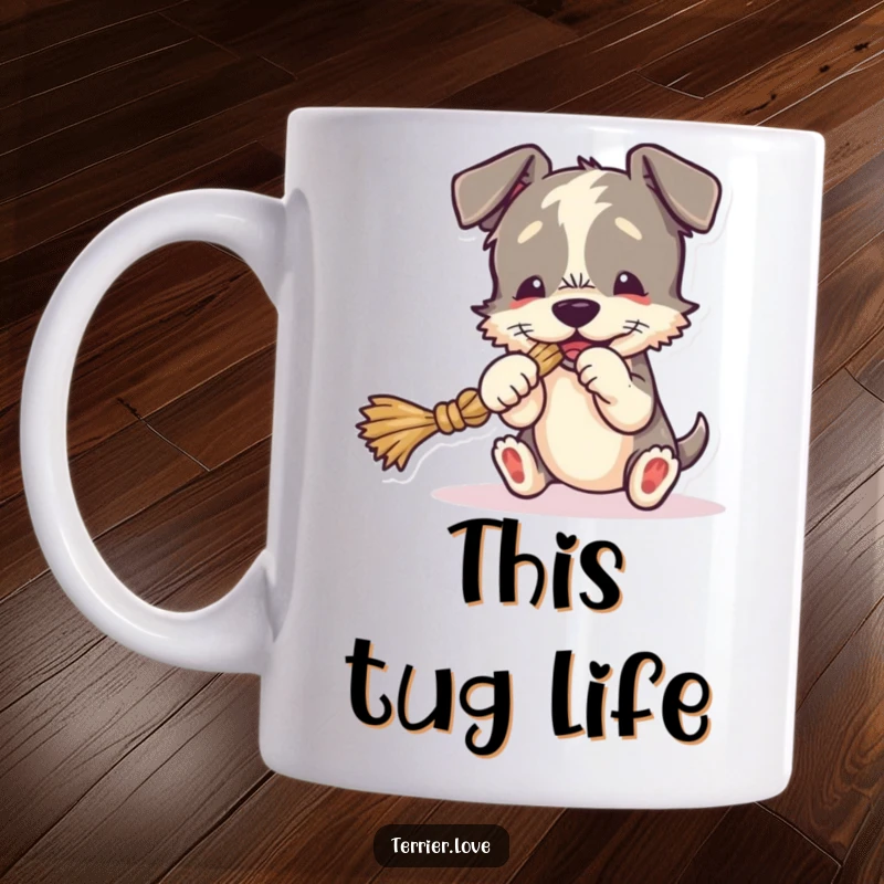 Funny Mug with a playful terrier tugging on a rope toy, a humorous and lively design for dog enthusiasts.