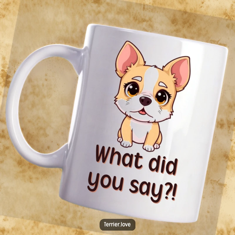Funny surprised terrier mug, dog with wide eyes and raised eyebrow, comical shocked expression, perfect gift for reactions.