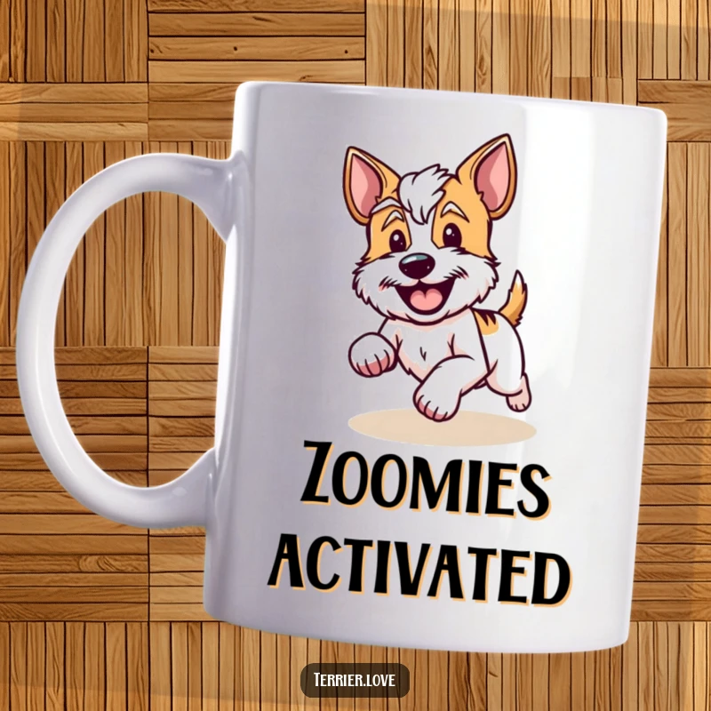 Funny Mug showing a terrier running with a big happy wagging tail and a joyful, excited expression.