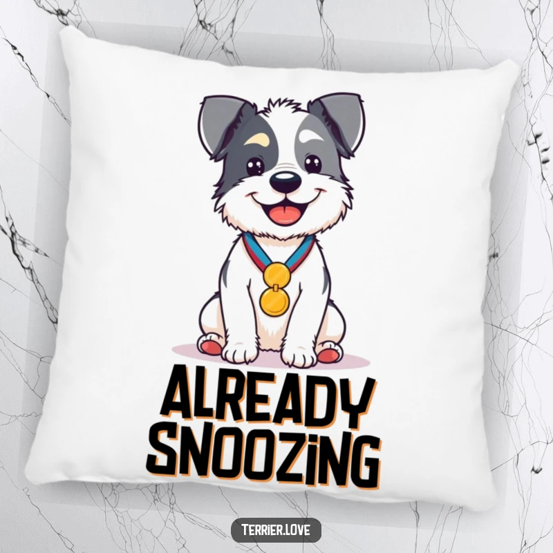Funny Pillow featuring a proud terrier sitting upright, adorned with a shiny medal, looking exceptionally pleased.