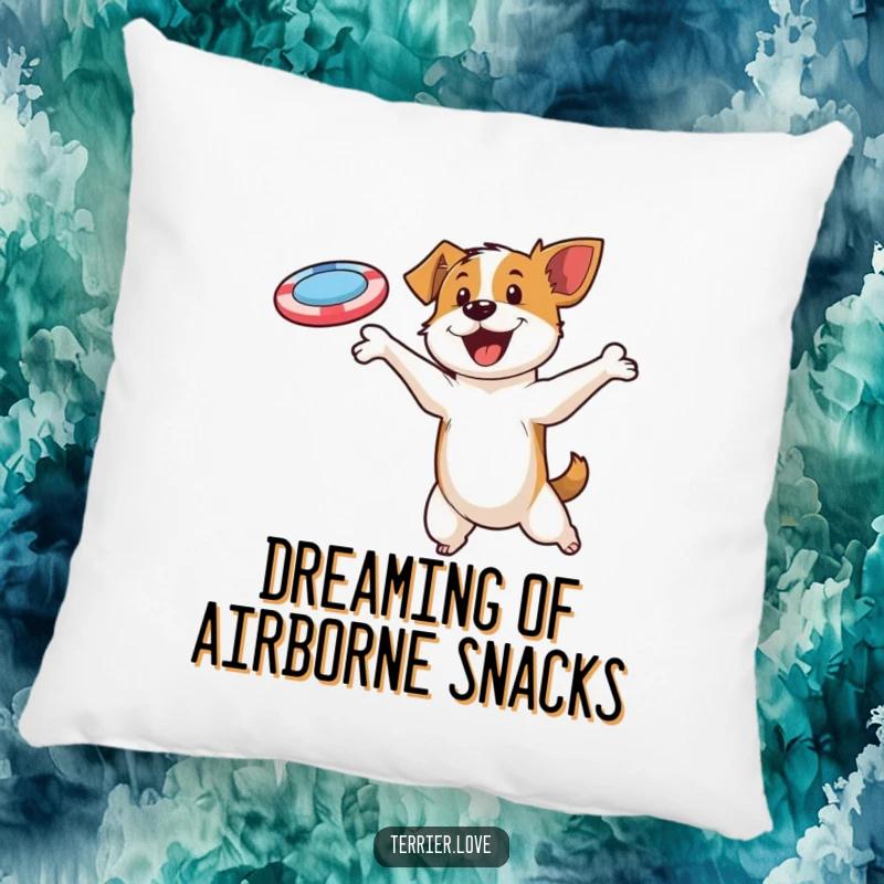 Funny pillow featuring a cute terrier character in mid-air, skillfully catching a flying disc with comedic flair.