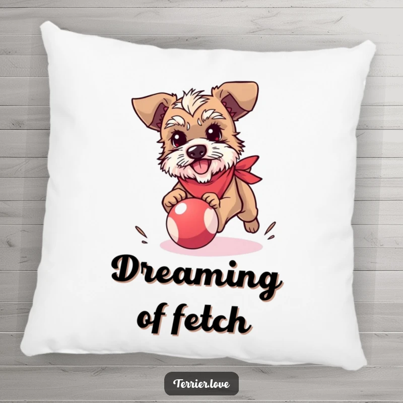 Funny terrier pillow featuring a small dog in a bandana, enthusiastically chasing a bouncy ball, perfect for comfort and cheer.