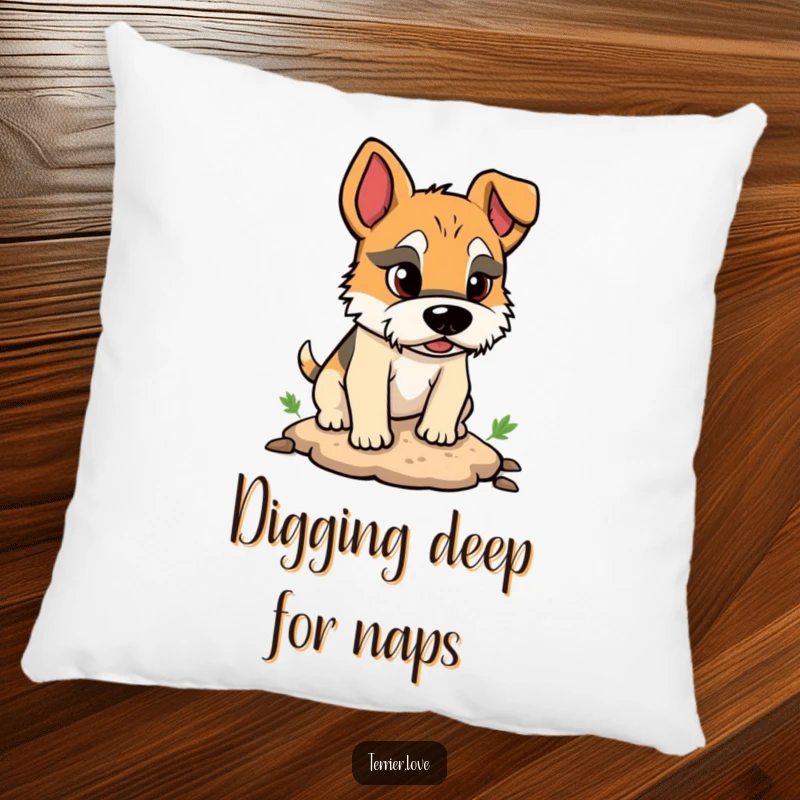 Funny pillow showing a cute terrier character with a determined look, busy digging a small hole with comical effort.