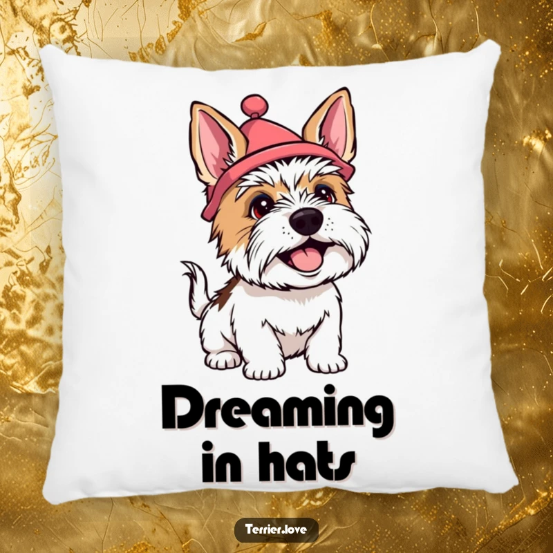 Funny terrier pillow with a dog wearing a silly hat and wagging its tail happily, offering soft, cheerful comfort.