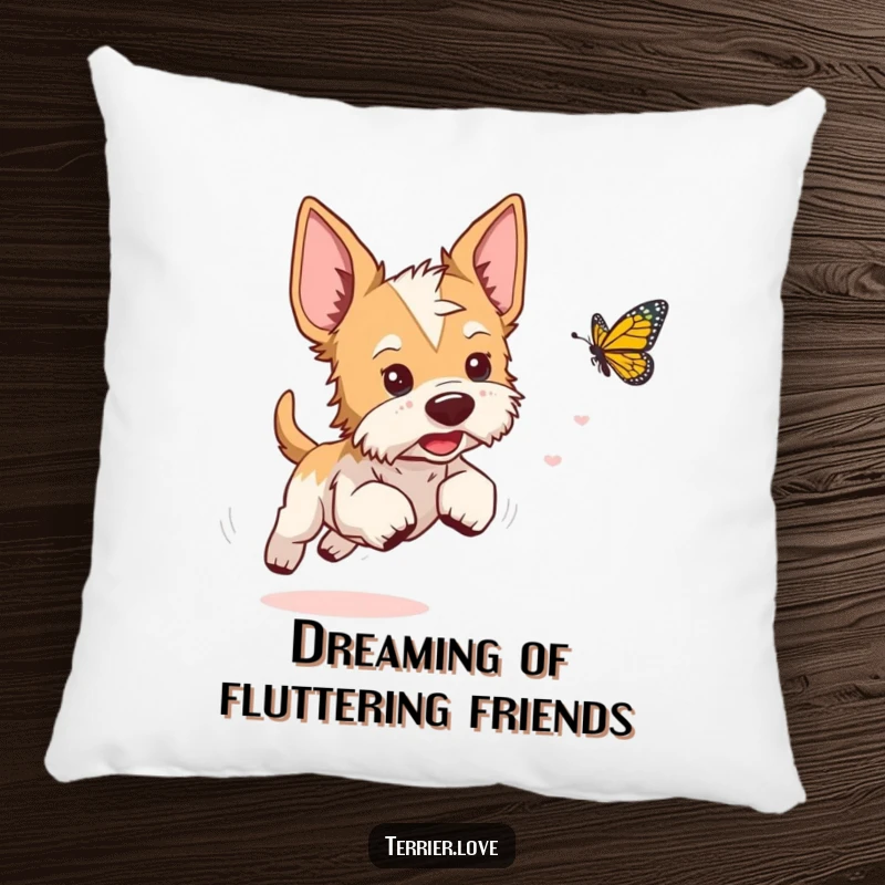 Funny terrier pillow featuring a playful dog with perked ears chasing a butterfly, perfect for cozy whimsy.