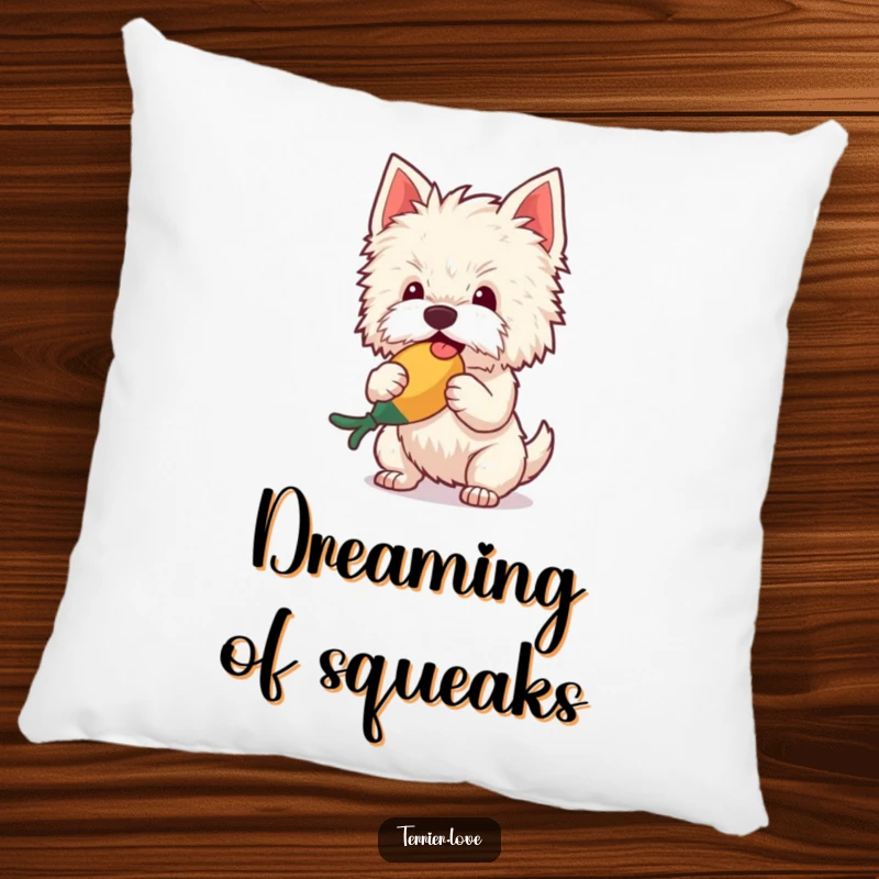 Funny Pillow adorned with a fluffy terrier gleefully shaking a squeaky toy, offering comfort and a touch of playful humor to your decor.