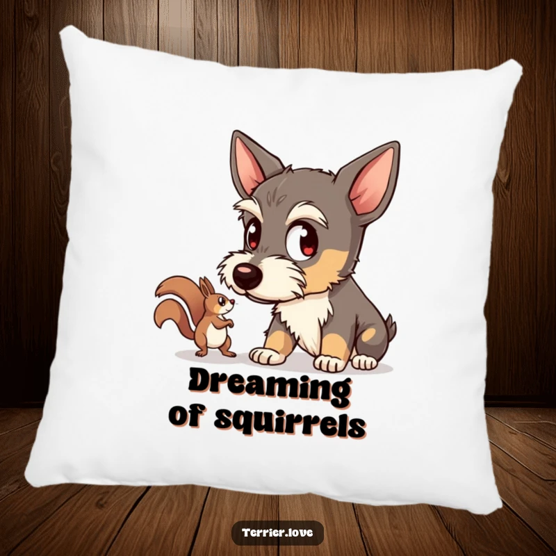 Funny terrier pillow featuring a dog with wide eyes intently watching a squirrel, providing comfort and a humorous decorative touch.