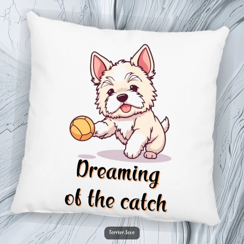 Funny pillow featuring a fluffy terrier with perked ears joyfully catching a ball, offering comfort and a dose of playful humor.