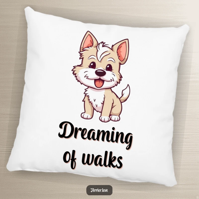 Funny terrier pillow featuring a dog with its tail wagging rapidly, conveying eagerness and happiness, offering plush comfort.