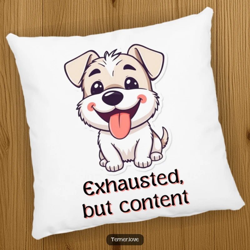 Funny smiling terrier pillow showing a dog happily panting with its tongue lolling out, symbolizing pure joy.