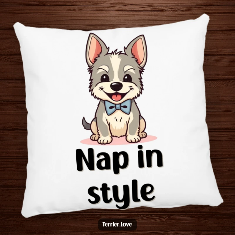 Funny Bow Tie Terrier Pillow: A dog in a bow tie shakes its head with glee, offering comfort and humor, a delightful gift.