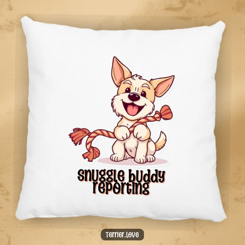 Funny terrier pillow featuring a cheerful dog wagging its tail and holding a rope toy, offering comfort and humorous joy.