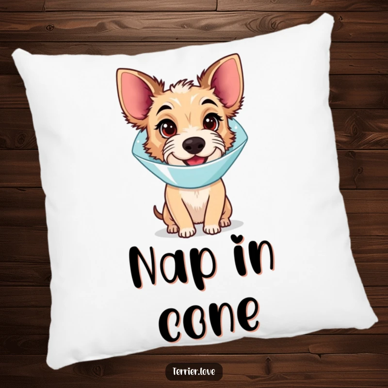 Funny Pillow: A terrier dog wearing a cone, looking slightly confused but happy, perfect for adding a cozy, humorous touch.