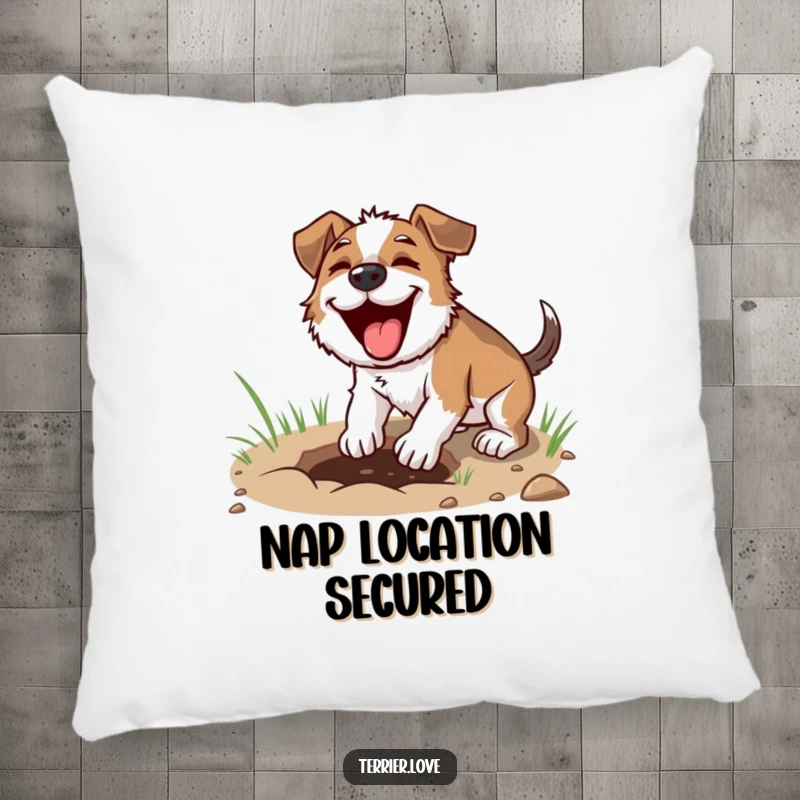 Funny digging terrier pillow, dog digging with intensity, humorous illustration, comfy home decor, perfect present.