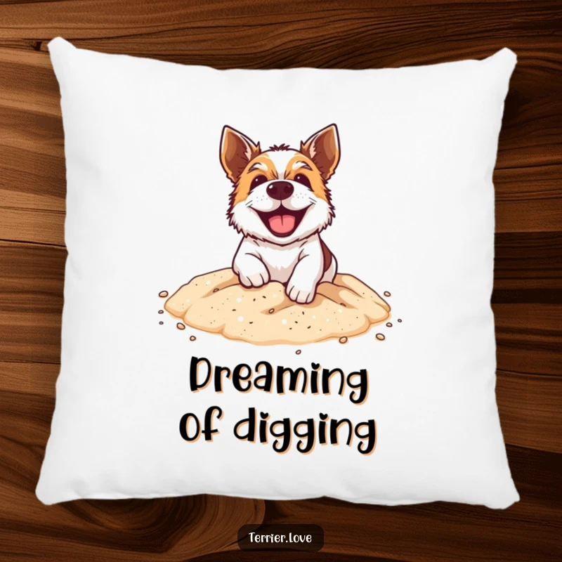 Funny Pillow: An energetic terrier with a wide grin, digging joyfully in a small sandpit, bringing playful vibes.