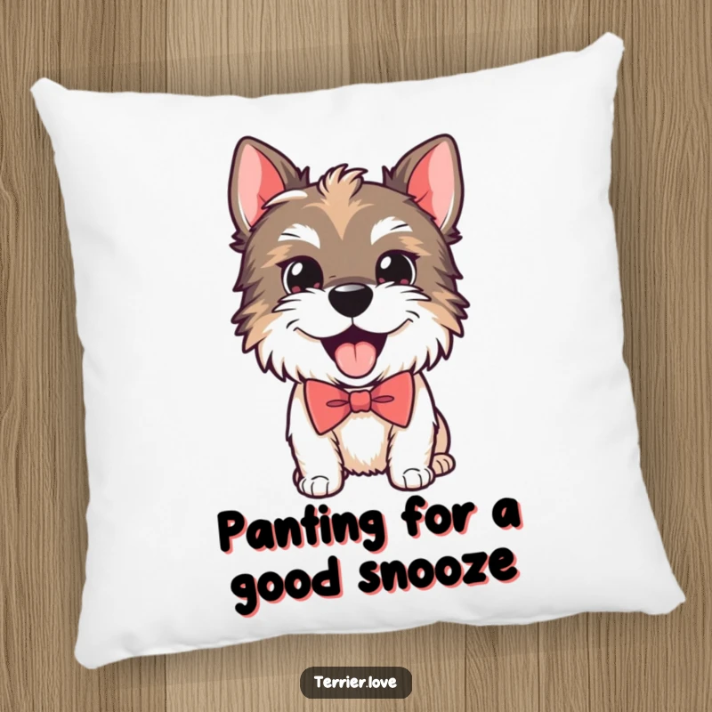 Funny pillow featuring a playful Terrier dog wearing a smart bow tie and panting happily, adding dapper comfort.