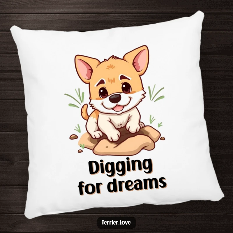 Funny terrier pillow featuring a determined dog digging a hole, offering comfort with humorous focus.