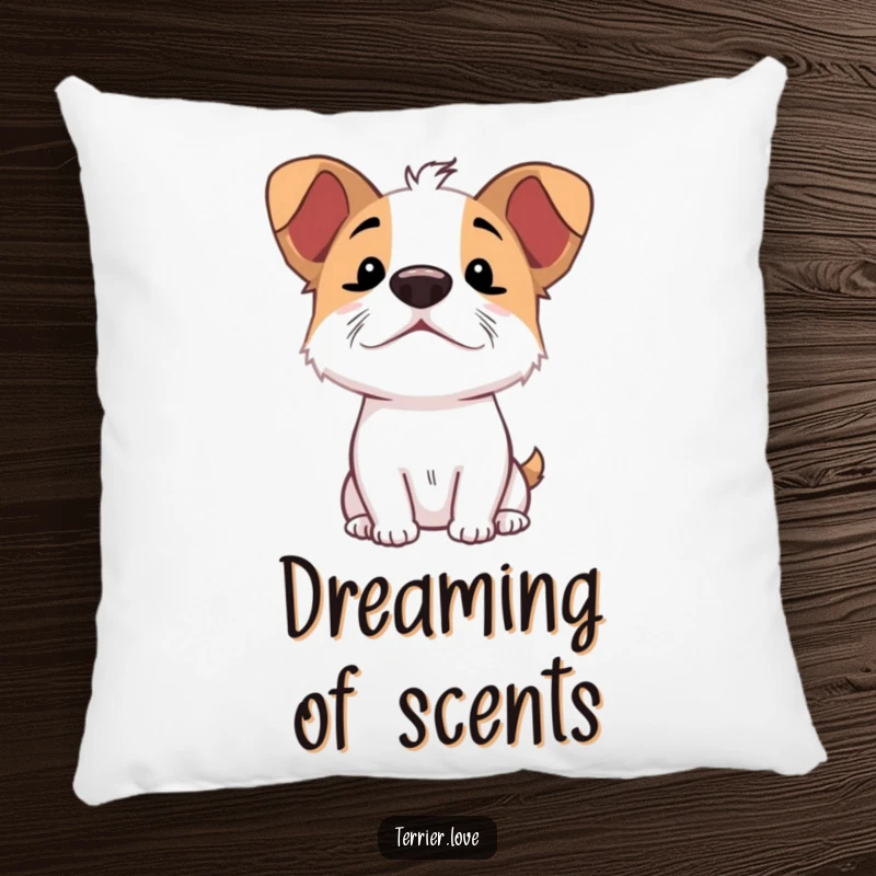 Funny Sniffing Terrier Pillow: Soft cushion featuring an excited dog character sniffing the air with nose up.