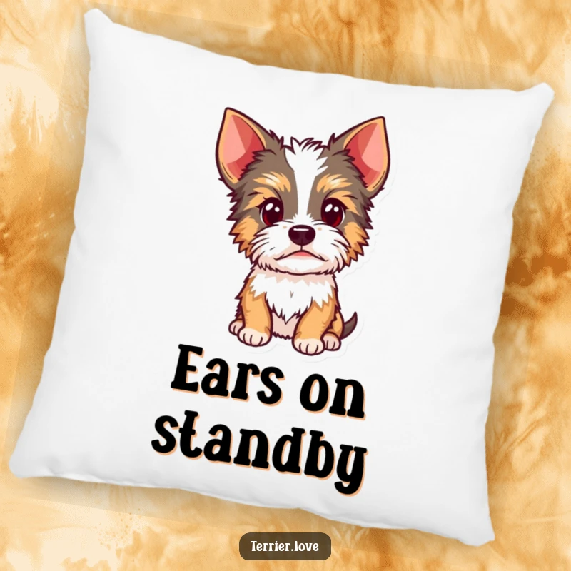 Funny Terrier pillow design with a curious dog tilting its head, ears perked, embodying attentiveness and adorable inquisitiveness.