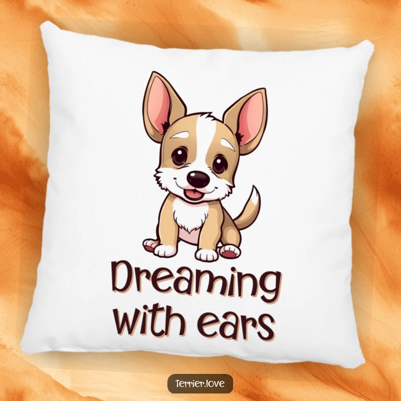 Funny pillow decorated with a terrier sporting large ears and an enthusiastically wagging tail, offering comfort and a humorous accent.