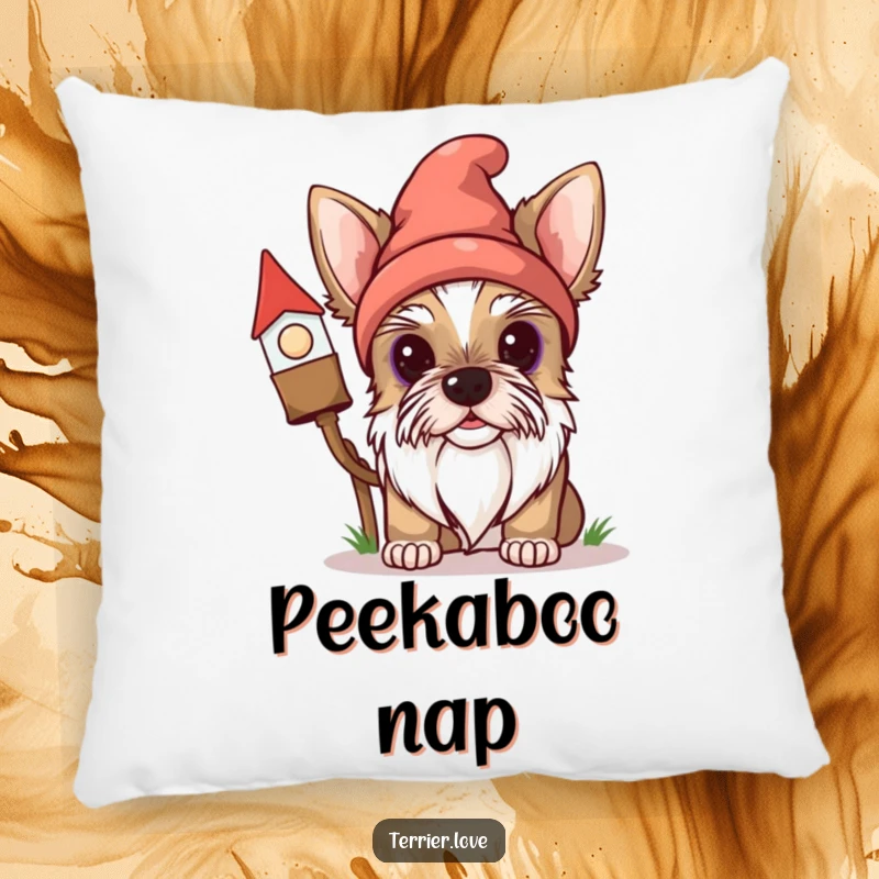 Funny Terrier Pillow: A curious dog peeks from behind a gnome, offering comfort and humor, a delightful gift.