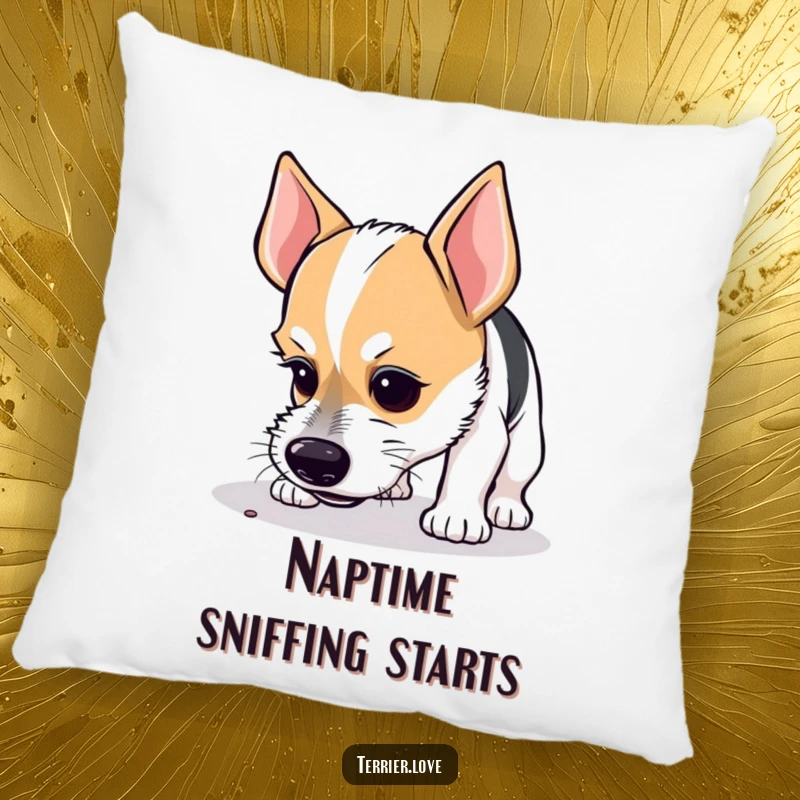 Funny pillow showing a curious terrier with a very concentrated expression, sniffing the ground with intense investigative zeal.