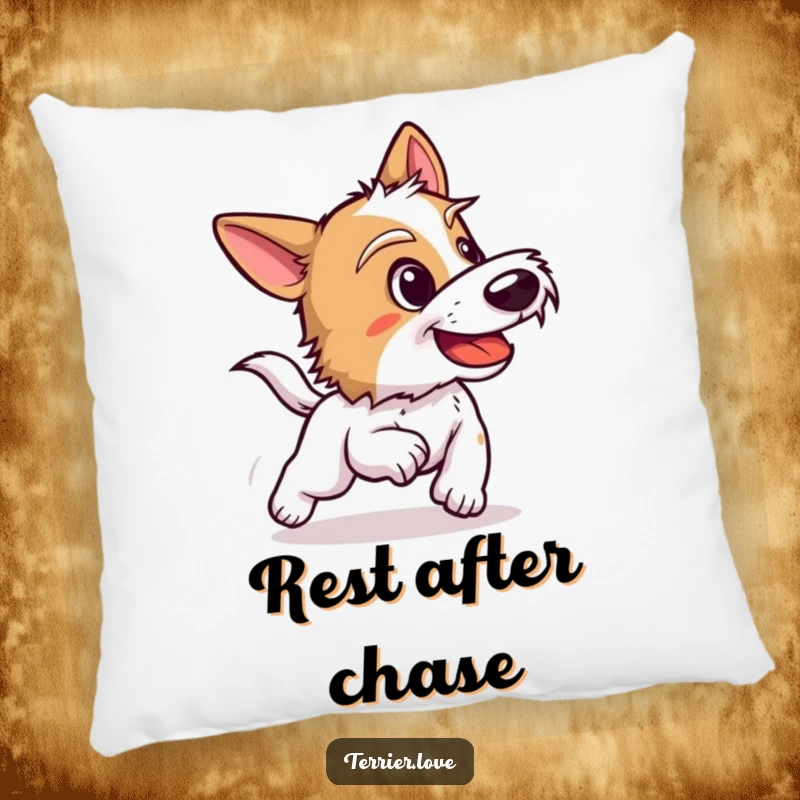 Funny terrier pillow featuring a dog in a playful bark, ready to chase, designed to bring comfort and a smile.