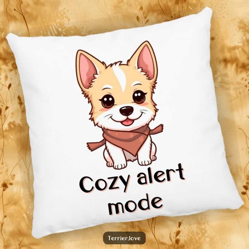 Funny pillow featuring a smiling terrier in a small scarf, looking alert and ready to guard your cozy space.