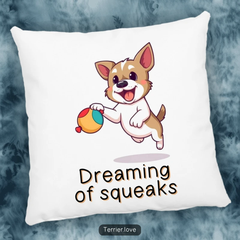 Funny terrier pillow showing a dog leaping with determination to catch a squeaky toy, soft and humorous home accent.