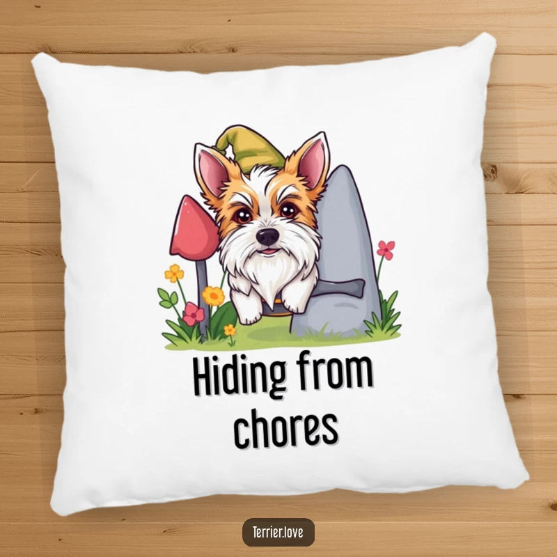 Funny mischievous terrier pillow, dog peeking from behind gnome, humorous illustration, comfy home decor, perfect present.