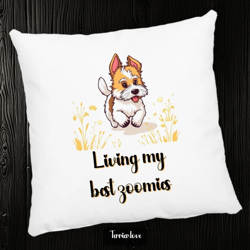 Funny terrier with a wagging tail running through a field, a humorous and cozy pillow.