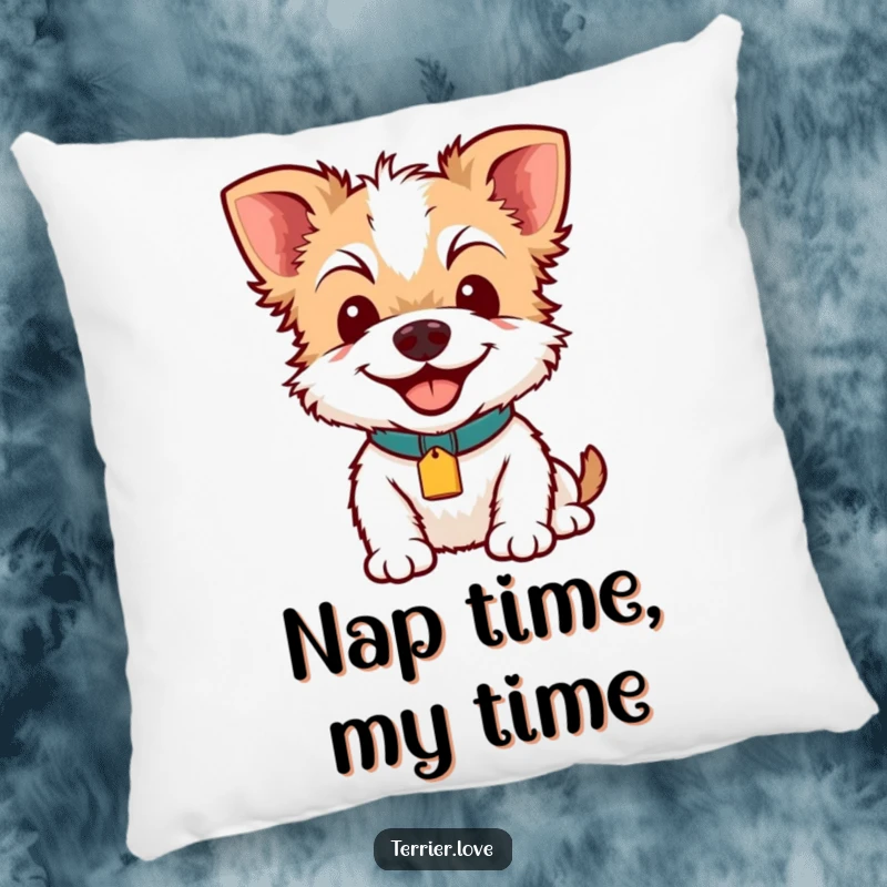 Funny Terrier Smile Pillow: A plush cushion showcasing a happy terrier with a bright collar tag, offering comfort and a dose of humor.