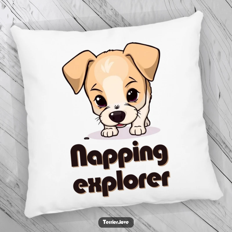 Funny terrier pillow featuring a curious small dog with floppy ears sniffing the ground, perfect for comfort and charm.