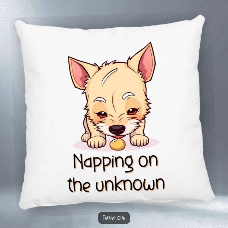 Funny terrier pillow featuring a curious dog sniffing an intriguing small object, perfect for cozy contemplation.