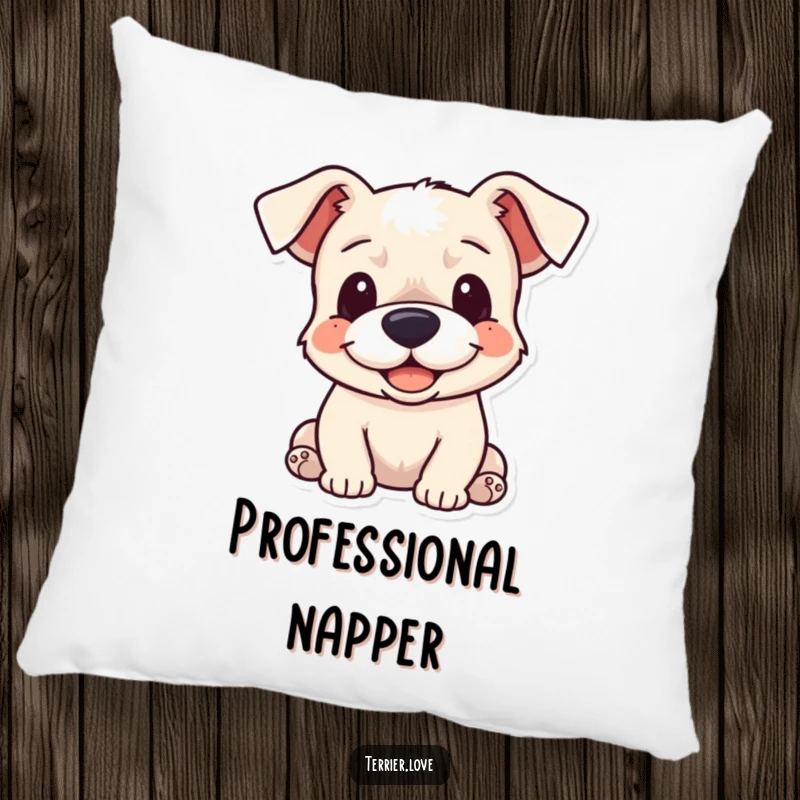 Funny Pillow: A cheerful terrier dog with its ears flopped, looking incredibly soft and inviting, perfect for hugging.