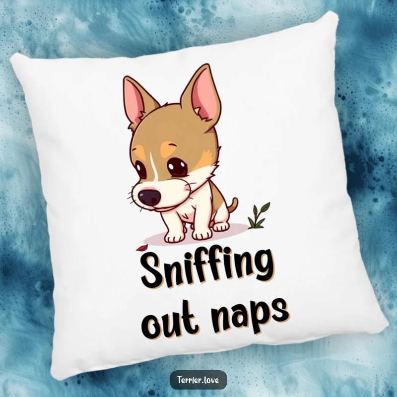 Funny curious terrier pillow showing a dog with perked ears sniffing the ground, searching for a hidden scent, soft and humorous.